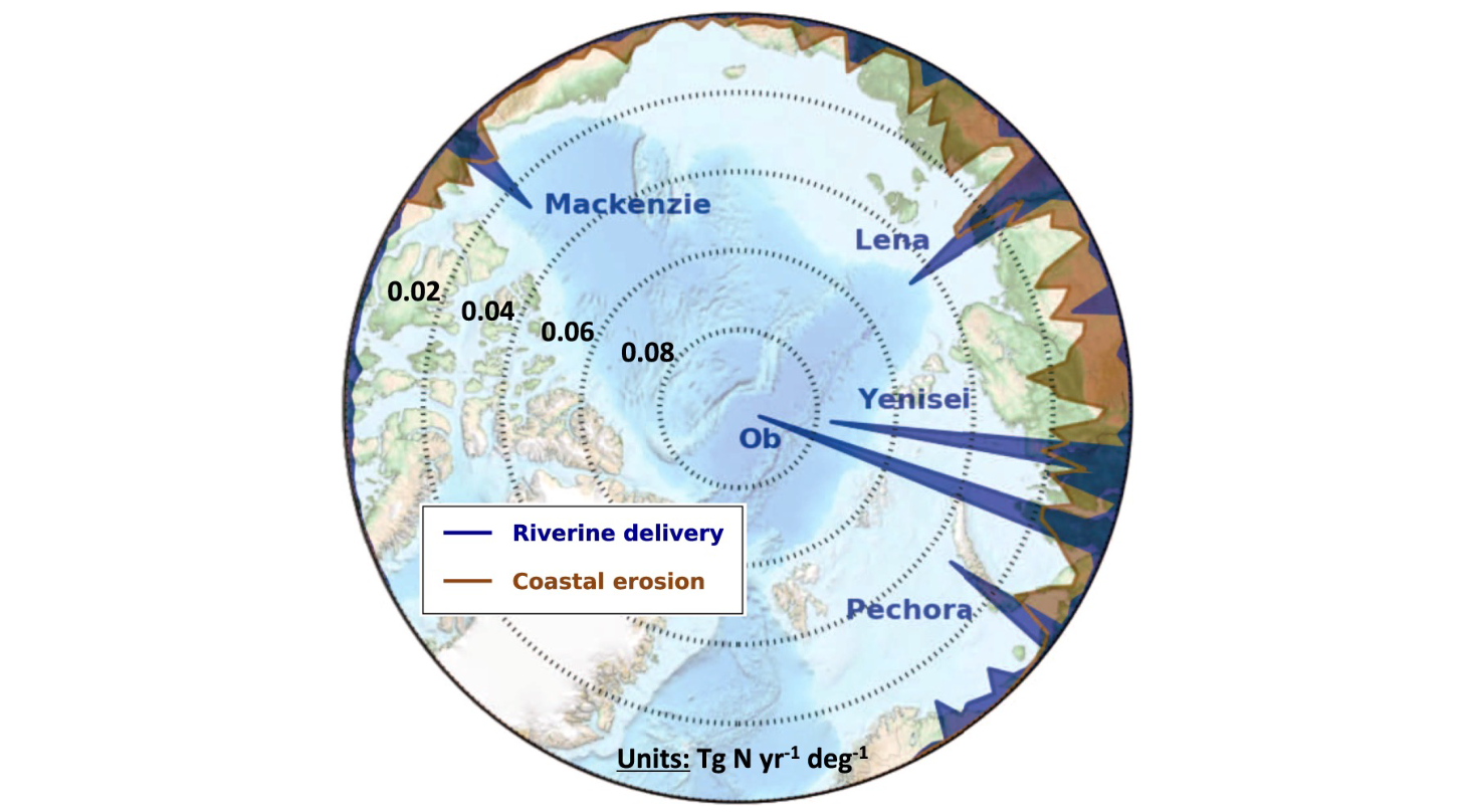 Map of annual input of terrigenous nitrogen via rivers and coastal erosion