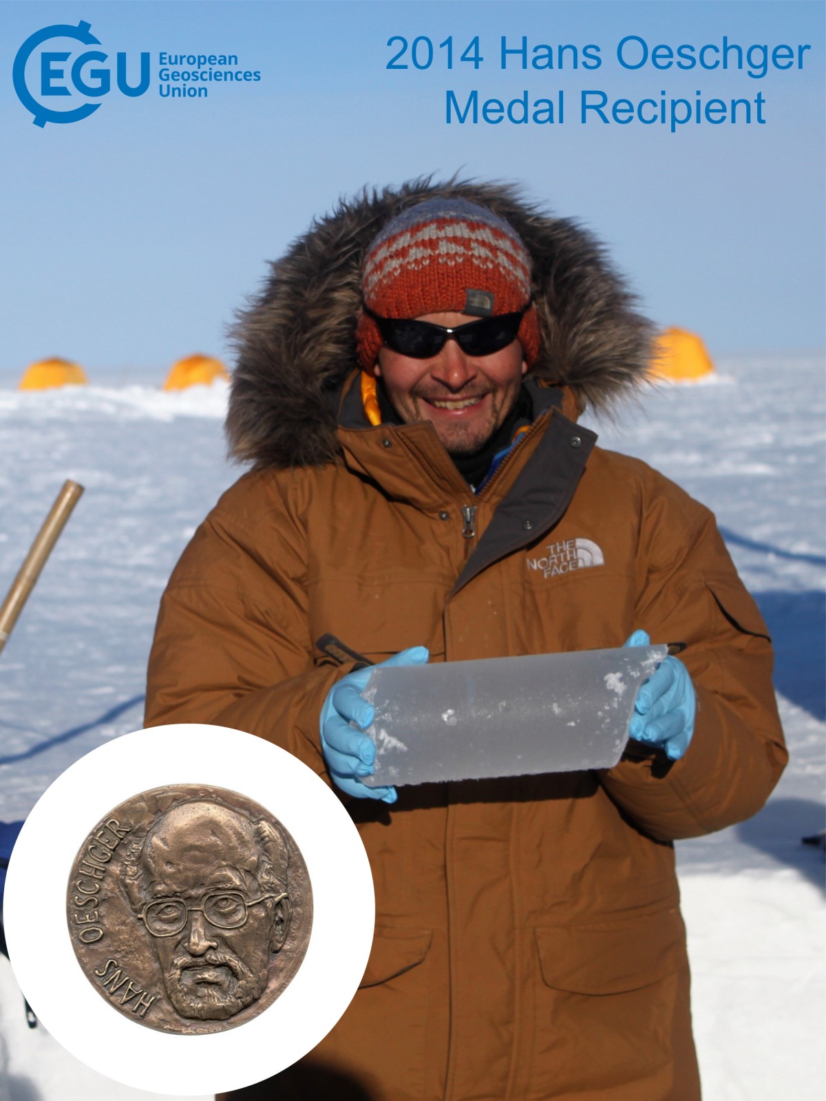 M. Sigl with an ice core extracted from NE Greenland holding a continous record of volcanism and climate over the Common Era